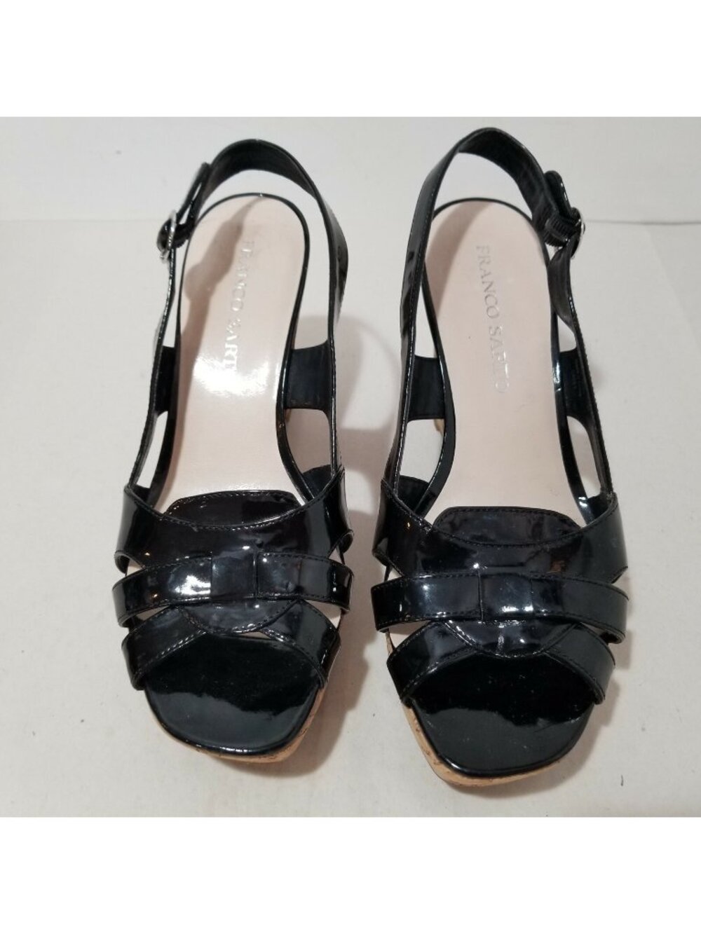 Franco Sarto Black Cork Wedge Sandals 8M Patent Leather
